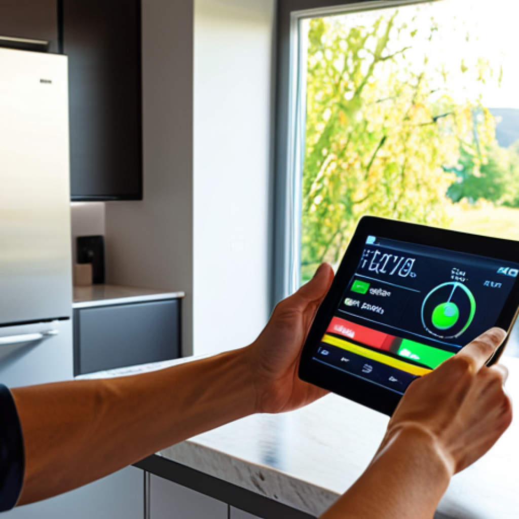 **A modern kitchen with a smart fridge displaying real-time energy consumption data. The user is interacting with a tablet, showcasing an energy management app interface. Sunlight streams through the window, highlighting energy-efficient appliances. The style is bright, clean, and informative.**