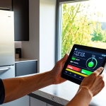 **A modern kitchen with a smart fridge displaying real-time energy consumption data. The user is interacting with a tablet, showcasing an energy management app interface. Sunlight streams through the window, highlighting energy-efficient appliances. The style is bright, clean, and informative.**