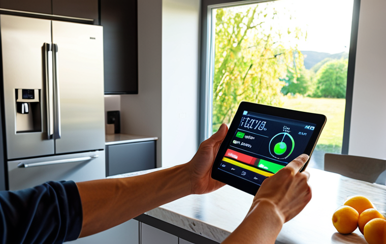 **A modern kitchen with a smart fridge displaying real-time energy consumption data. The user is interacting with a tablet, showcasing an energy management app interface. Sunlight streams through the window, highlighting energy-efficient appliances. The style is bright, clean, and informative.**