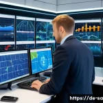 스마트 그리드와 기술의 상호작용 분석 - A futuristic smart grid control center in Germany, showing a large digital dashboard with real-time ...