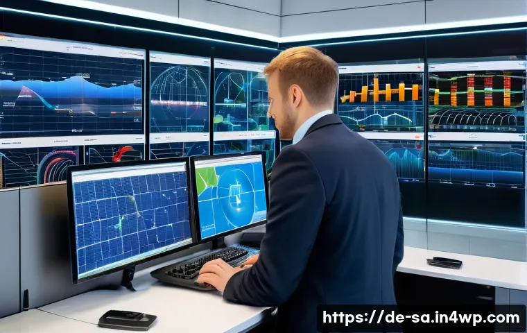 스마트 그리드와 기술의 상호작용 분석 - A futuristic smart grid control center in Germany, showing a large digital dashboard with real-time ...