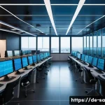 스마트 그리드 기술의 구축 과정 - A futuristic German smart grid control center with multiple high-tech screens displaying real-time d...