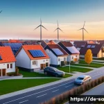 스마트 그리드와 혁신적인 전력 거래 모델 - A modern German suburban neighborhood at sunset, with many rooftops covered in solar panels and smal...