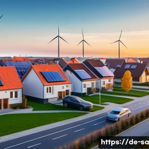스마트 그리드와 혁신적인 전력 거래 모델 - A modern German suburban neighborhood at sunset, with many rooftops covered in solar panels and smal...