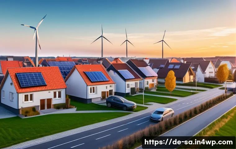 스마트 그리드와 혁신적인 전력 거래 모델 - A modern German suburban neighborhood at sunset, with many rooftops covered in solar panels and smal...