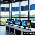 스마트 그리드 기술의 지속 가능성 평가 - A futuristic smart grid control center in Germany, featuring large digital screens displaying real-t...