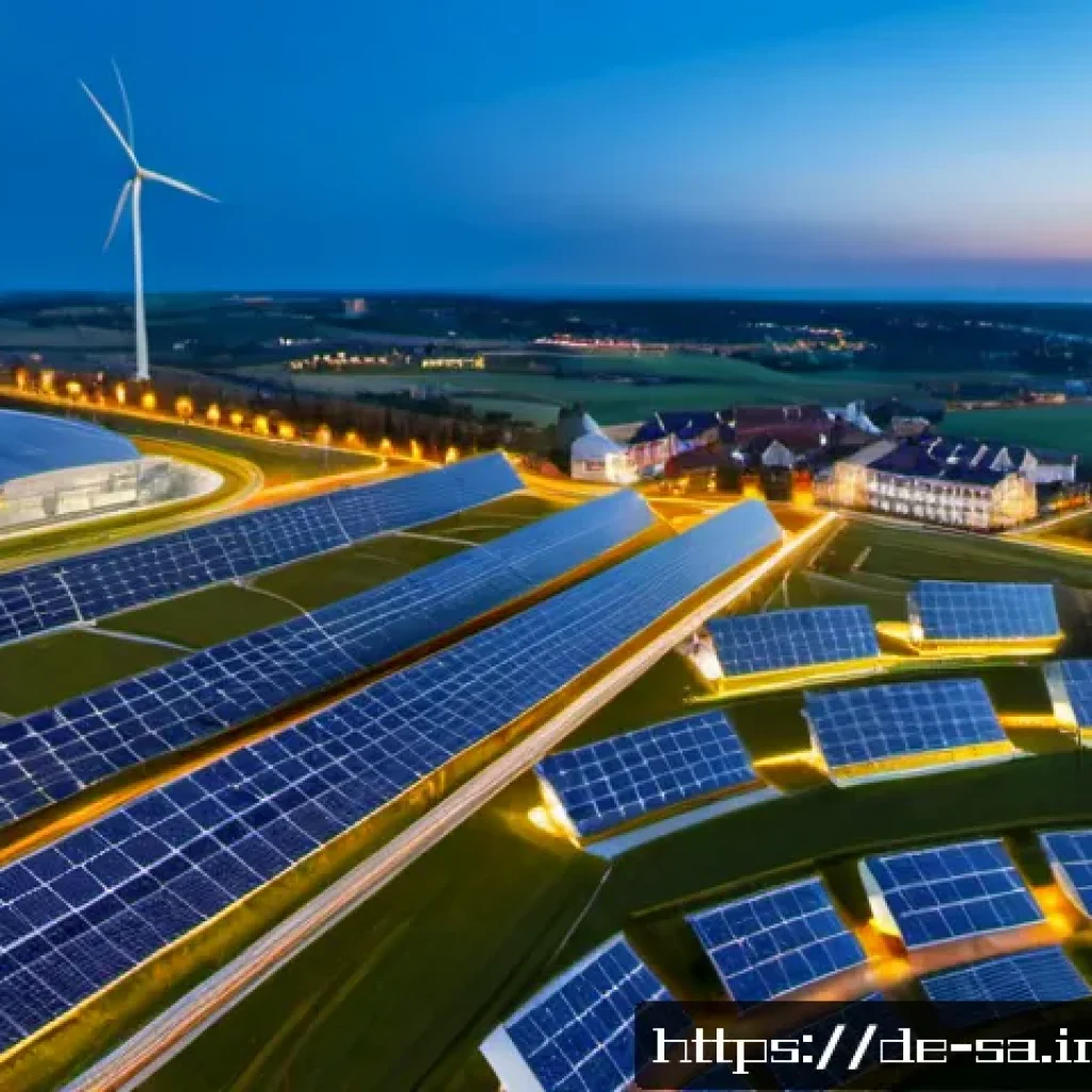 스마트 그리드와 국제 에너지 정책의 연관성 - Photorealistic aerial twilight view of a modern German city and surrounding countryside connected by...