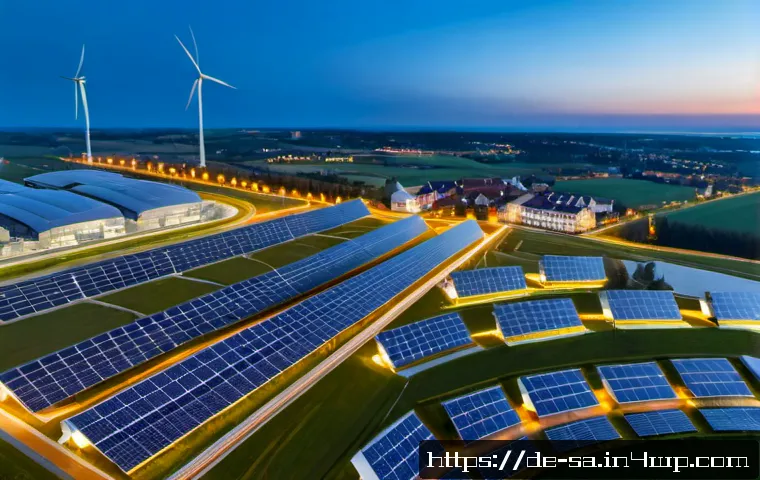 스마트 그리드와 국제 에너지 정책의 연관성 - Photorealistic aerial twilight view of a modern German city and surrounding countryside connected by...