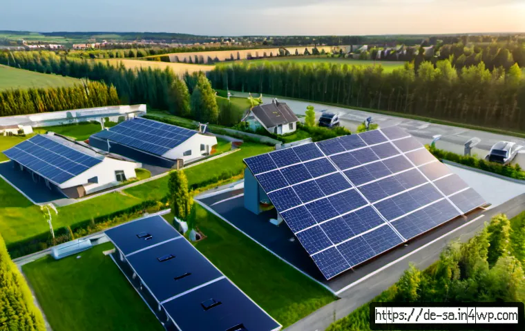 Home 17 스마트 그리드 기술의 환경적 장점 - Photorealistic aerial view of a modern German suburban neighborhood at sunrise, rooftop solar panels...